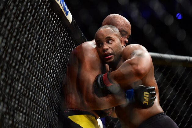 LAS VEGAS, NV - JULY 09: (R-L) Daniel Cormier wrestles with Anderson Silva of Brazil in their light heavyweight bout during the UFC 200 event on July 9, 2016 at T-Mobile Arena in Las Vegas, Nevada.  (Photo by Harry How/Zuffa LLC/Zuffa LLC via Getty Images)