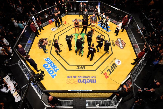 LAS VEGAS, NV - JULY 09: An overhead view of the Octagon as Amanda Nunes of Brazil reacts to her victory over Miesha Tate during the UFC 200 event on July 9, 2016 at T-Mobile Arena in Las Vegas, Nevada.  (Photo by Zuffa LLC/Zuffa LLC via Getty Images)