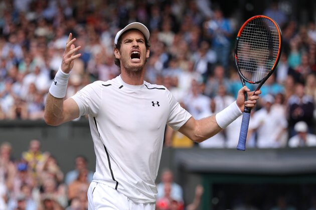 LONDON, ENGLAND - JULY 10:  Andy Murray of Great Britain reacts during the Men's Singles Final against Milos Raonic of Canada on day thirteen of the Wimbledon Lawn Tennis Championships at the All England Lawn Tennis and Croquet Club on July 10, 2016 in London, England. (Photo by Andy Couldridge-Pool/Getty Images)