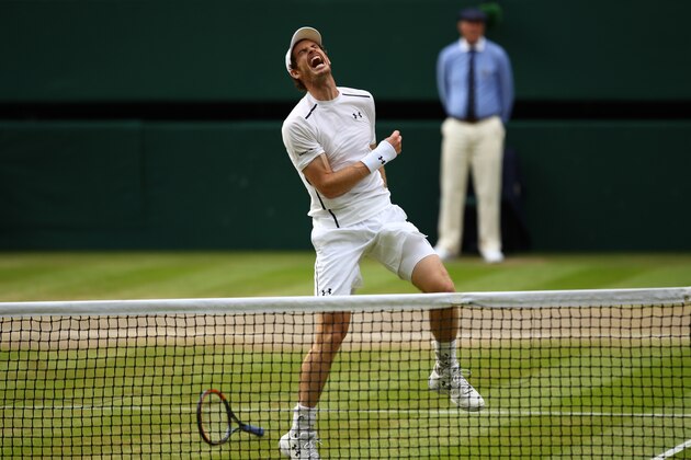 LONDON, ENGLAND - JULY 10:  Andy Murray of Great Britain celebrates victory during the Men's Singles Final against Milos Raonic of Canada on day thirteen of the Wimbledon Lawn Tennis Championships at the All England Lawn Tennis and Croquet Club on July 10, 2016 in London, England.  (Photo by Clive Brunskill/Getty Images)