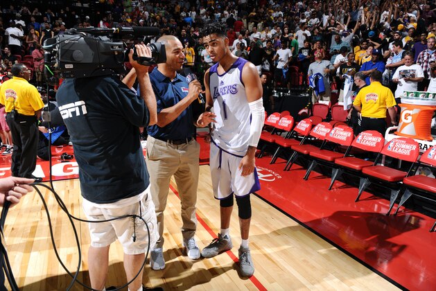 LAS VEGAS, NV - JULY 9: D'Angelo Russell #1 of Los Angeles Lakers talks with the reporters after the game against the Philadelphia 76ers during the 2016 NBA Las Vegas Summer League on July 9, 2016 at The Thomas & Mack Center in Las Vegas, Nevada. NOTE TO USER: User expressly acknowledges and agrees that, by downloading and or using this photograph, user is consenting to the terms and conditions of Getty Images License Agreement. Mandatory Copyright Notice: Copyright 2016 NBAE (Photo by Garrett Ellwood/NBAE via Getty Images)