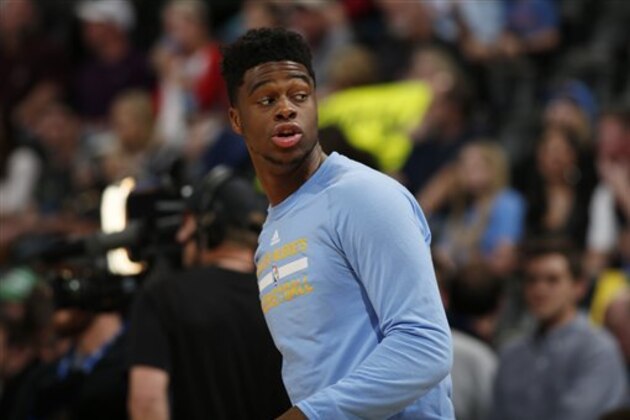 Denver Nuggets guard Emmanuel Mudiay (0) in the first half of an NBA basketball game Friday, April 8, 2016, in Denver. (AP Photo/David Zalubowski)