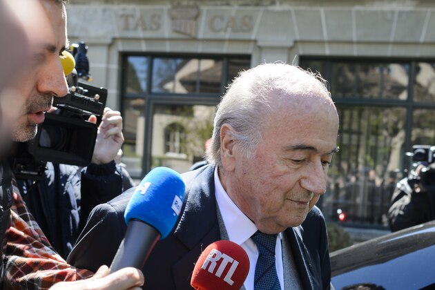 Former FIFA president Sepp Blatter leaves the Court of Arbitration for Sport during the appleal of Michel Platini's against his six-year FIFA ban for ethics violations on April 29, 2016 in Lausanne.
Platini has been sanctioned over an infamous two million Swiss franc ($2 million, 1.8 million euro) payment he received in 2011 from then-FIFA president Sepp Blatter. / AFP / FABRICE COFFRINI        (Photo credit should read FABRICE COFFRINI/AFP/Getty Images)