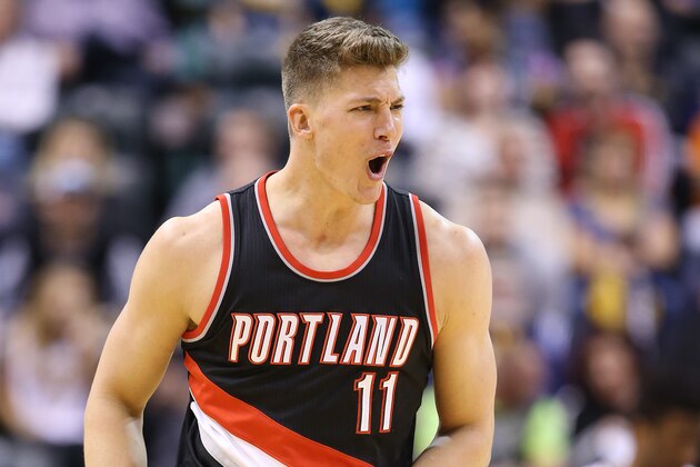 INDIANAPOLIS, IN - FEBRUARY 28:  Meyers Leonard #11 of the Portland Trail Blazers celebrates after making a three point shot during the game against the Indiana Pacers at Bankers Life Fieldhouse on February 28, 2016 in Indianapolis, Indiana.   NOTE TO USER: User expressly acknowledges and agrees that, by downloading and or using this photograph, User is consenting to the terms and conditions of the Getty Images License Agreement.  (Photo by Andy Lyons/Getty Images)