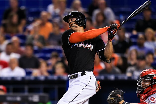 MIAMI, FL - JULY 09: Giancarlo Stanton #27 of the Miami Marlins in action at bat during the game against the Cincinnati Reds at Marlins Park on July 9, 2016 in Miami, Florida. (Photo by Rob Foldy/Getty Images)