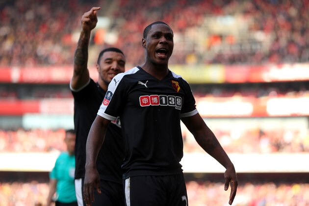 LONDON, ENGLAND - MARCH 13:  Odion Ighalo of Watford (R) celebrates with team mate Troy Deeney as he scores their first goal during The Emirates FA Cup Sixth Round match between Arsenal and Watford at the Emirates Stadium on March 13, 2016 in London, England.  (Photo by Richard Heathcote/Getty Images)