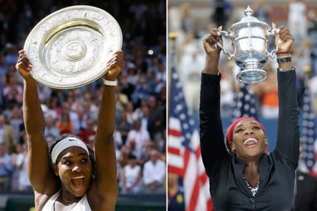 ADVANCE FOR WEEKEND EDITIONS, AUG. 29-30 - FILE -  At left, in a July 11, 2015, file photo, Serena Williams reacts as she holds the trophy after winning the women's singles final against Garbine Muguruza of Spain, at the All England Lawn Tennis Championships in Wimbledon, London, At right, in a Sept. 7, 2014, file photo, Serena Williams holds up the championship trophy after defeating Caroline Wozniacki, of Denmark, during the final of the 2014 U.S. Open tennis tournament in New York. To Serena Williams, winning all four of tennis' most prestigious tournaments in the same season become