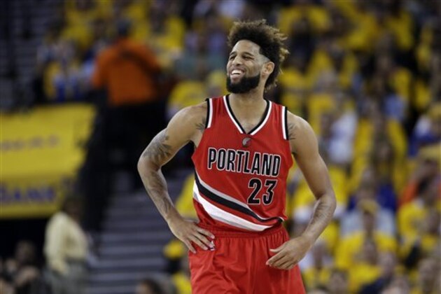 Portland Trail Blazers' Allen Crabbe (23) during the first half in Game 5 of a second-round NBA basketball playoff series against the Golden State Warriors Wednesday, May 11, 2016, in Oakland, Calif. (AP Photo/Marcio Jose Sanchez)