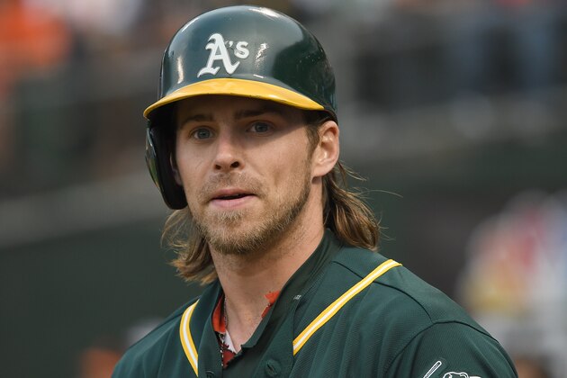 OAKLAND, CA - JUNE 29:  Josh Reddick #22 of the Oakland Athletics looks on from the on-deck circle against the San Francisco Giants in the bottom of the first inning at O.co Coliseum on June 29, 2016 in Oakland, California.  (Photo by Thearon W. Henderson/Getty Images)