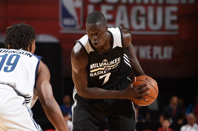 LAS VEGAS, NV - JULY 10:  Thon Maker #7 of Milwaukee Bucks handles the ball against the D-League during 2016 Summer League on July 10, 2016 at the Thomas & Mack Center in Las Vegas, Nevada. NOTE TO USER: User expressly acknowledges and agrees that, by downloading and or using this Photograph, user is consenting to the terms and conditions of the Getty Images License Agreement. Mandatory Copyright Notice: Copyright 2016 NBAE (Photo by Garrett Ellwood/NBAE via Getty Images)