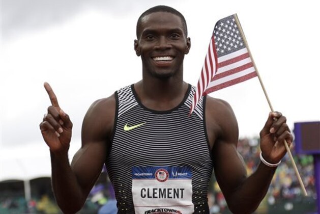 Kerron Clement celebrates after winning the men's 400-meter hurdles at the U.S. Olympic Track and Field Trials, Sunday, July 10, 2016, in Eugene Ore. (AP Photo/Marcio Jose Sanchez)