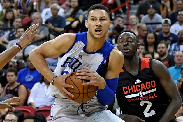 Jul 10, 2016; Las Vegas, NV, USA; Philadelphia 76ers forward Ben Simmons (25) protects the ball during an NBA Summer League game against the Chicago Bulls at Thomas & Mack Center. Mandatory Credit: Stephen R. Sylvanie-USA TODAY Sports