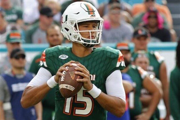 Miami quarterback Brad Kaaya (15) looks before throwing against Virginia Tech in the first quarter of an NCAA college football game, Saturday, Oct. 17, 2015, in Miami Gardens, Fla. Miami won the game 30-20. (AP Photo/Joe Skipper)
