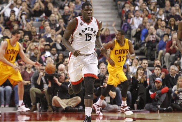 Oct 18, 2015; Toronto, Ontario, CAN; Toronto Raptors forward Anthony Bennett (15) heads down the court against the Cleveland Cavaliers at the Air Canada Centre. Toronto defeated Cleveland 87-81. Mandatory Credit: John E. Sokolowski-USA TODAY Sports