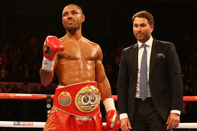 SHEFFIELD, ENGLAND - MARCH 28:  Kell Brook celebrates with promoter Eddie Hearn after beating Jo Jo Dan during their IBF World Welterweight Title Fight at the Motorpoint Arena on March 28, 2015 in Sheffield, England.  (Photo by Richard Heathcote/Getty Images)