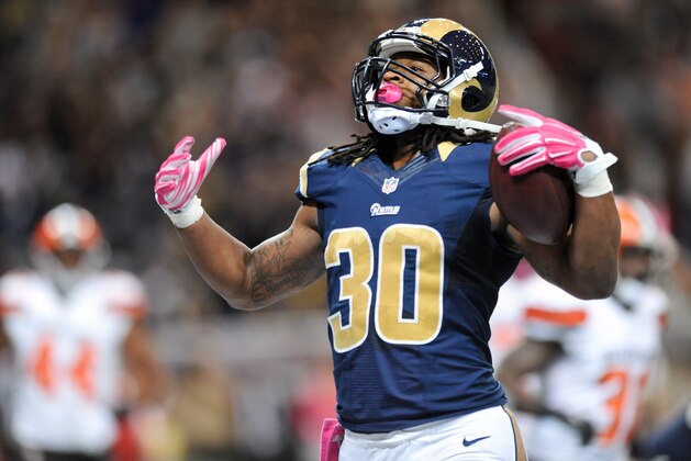 ST. LOUIS, MO - OCTOBER 25: Todd Gurley #30 of the St. Louis Rams celebrates after making a touchdown against the Cleveland Browns in the third quarter at the Edward Jones Dome on October 25, 2015 in St. Louis, Missouri. (Photo by Michael B. Thomas/Getty Images)