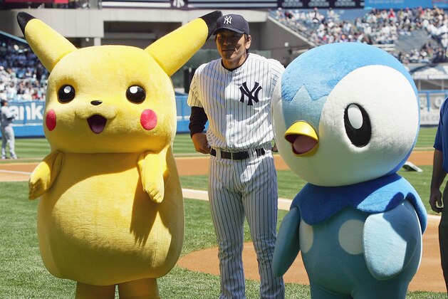 NEW YORK - MAY 6: Hideki Matsui #55 of the New York Yankees poses with Pokemon's pikachu and piplup before the game against the Seattle Mariners at Yankee Stadium on May 6, 2007 in the Bronx borough of New York City. (Photo by Jim McIsaac/Getty Images)