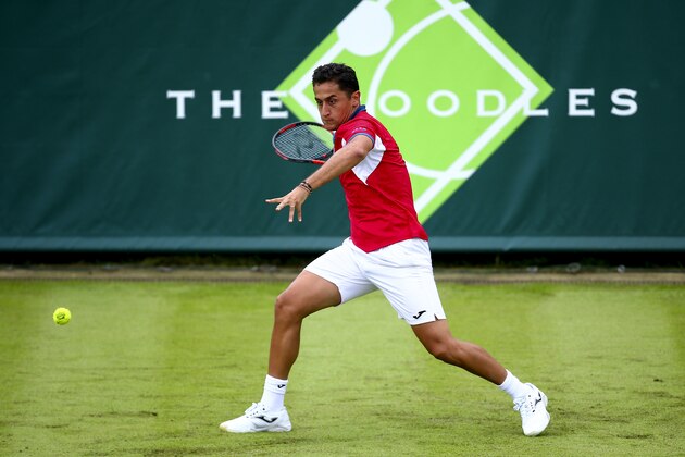 STOKE POGES, ENGLAND - JUNE 21:  Nicolas Almagro of Spain plays a forehand during his match against Janko Tipsarevic of Serbia during day one of The Boodles Tennis Event at Stoke Park on June 21, 2016 in Stoke Poges, England.  (Photo by Jordan Mansfield/Getty Images)