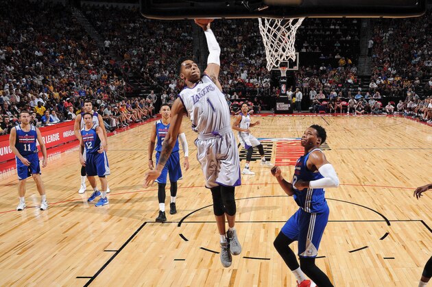 LAS VEGAS, NV - JULY 9: D'Angelo Russell #1 of Los Angeles Lakers goes for the dunk during the game against the Philadelphia 76ers during the 2016 NBA Las Vegas Summer League on July 9, 2016 at The Thomas & Mack Center in Las Vegas, Nevada. NOTE TO USER: User expressly acknowledges and agrees that, by downloading and or using this photograph, user is consenting to the terms and conditions of Getty Images License Agreement. Mandatory Copyright Notice: Copyright 2016 NBAE (Photo by Garrett Ellwood/NBAE via Getty Images)