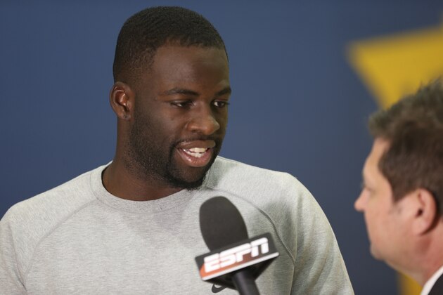 OAKLAND, CA - JULY 7:  Draymond Green of the Golden State Warriors before the press conference to introduce Kevin Durant on July 7, 2016 in Oakland, California. NOTE TO USER: User expressly acknowledges and agrees that, by downloading and or using this photograph, user is consenting to the terms and conditions of Getty Images License Agreement. Mandatory Copyright Notice: Copyright 2016 NBAE (Photo by Joshua Leung/NBAE via Getty Images)
