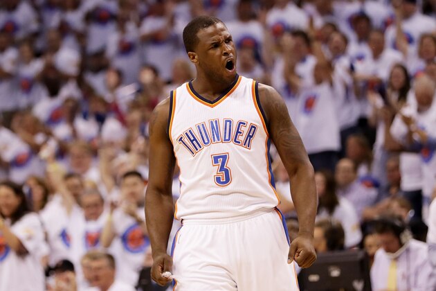 OKLAHOMA CITY, OK - MAY 24:  Dion Waiters #3 of the Oklahoma City Thunder reacts in the first quater against the Golden State Warriors in game four of the Western Conference Finals during the 2016 NBA Playoffs at Chesapeake Energy Arena on May 24, 2016 in Oklahoma City, Oklahoma. NOTE TO USER: User expressly acknowledges and agrees that, by downloading and or using this photograph, User is consenting to the terms and conditions of the Getty Images License Agreement.  (Photo by Ronald Martinez/Getty Images)