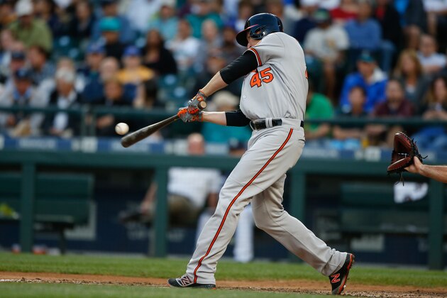 SEATTLE, WA - JUNE 30:  Mark Trumbo #45 of the Baltimore Orioles bats against the Seattle Mariners at Safeco Field on June 30, 2016 in Seattle, Washington.  (Photo by Otto Greule Jr/Getty Images)