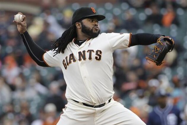 FILE - In this May 23, 2016, file photo, San Francisco Giants pitcher Johnny Cueto throws against the San Diego Padres during the first inning of a baseball game in San Francisco. Chris Sale of the Chicago White Sox will start for the American League in Tuesday night's, July 12, 2016, All-Star Game and Cueto of the Giants for the National League.(AP Photo/Jeff Chiu, File)