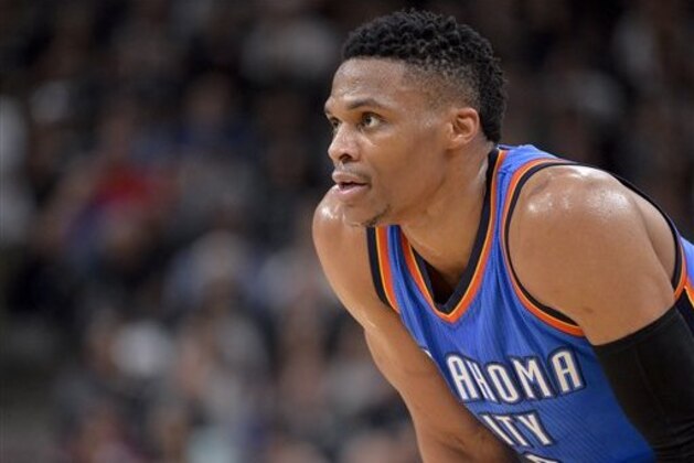 Oklahoma City Thunder guard Russell Westbrook stands on the court during the second half of an NBA basketball game against the San Antonio Spurs, Saturday, March 12, 2016, in San Antonio. San Antonio won 93-85. (AP Photo/Darren Abate)