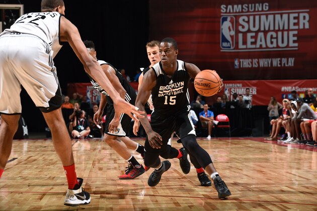 LAS VEGAS, NV - JULY 11: Isaiah Whitehead #15 of Brooklyn Nets handles the ball during the game against the Atlanta Hawks during the 2016 Las Vegas Summer League on July 11, 2016 atthe Thomas & Mack Center in Las Vegas, Nevada. NOTE TO USER: User expressly acknowledges and agrees that, by downloading and or using this Photograph, user is consenting to the terms and conditions of the Getty Images License Agreement. Mandatory Copyright Notice: Copyright 2016 NBAE (Photo by Garrett Ellwood/NBAE via Getty Images)