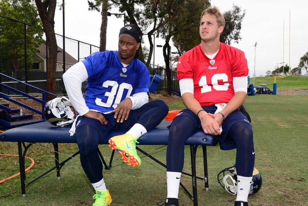 Jun 1, 2016; Oxnard, CA, USA; Los Angeles Rams running back Todd Gurley (30) and quarterback Jared Goff (16) at organized team activities at the River Ridge Fields. Mandatory Credit: Kirby Lee-USA TODAY Sports
