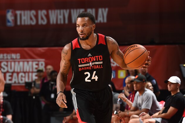 LAS VEGAS, NV - JULY 11: Norman Powell #24 of Toronto Raptors handles the ball during the game against the Dallas Mavericks during the 2016 Las Vegas Summer League on July 11, 2016 atthe Thomas & Mack Center in Las Vegas, Nevada. NOTE TO USER: User expressly acknowledges and agrees that, by downloading and or using this Photograph, user is consenting to the terms and conditions of the Getty Images License Agreement. Mandatory Copyright Notice: Copyright 2016 NBAE (Photo by Garrett Ellwood/NBAE via Getty Images)