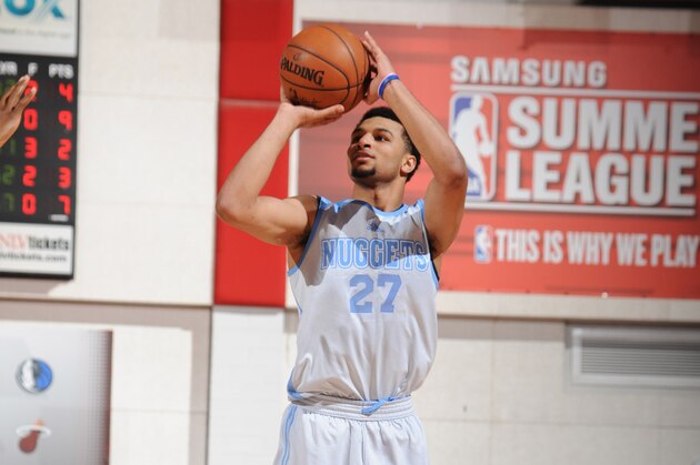 LAS VEGAS, NV - JULY 11: Jamal Murray #27 of the Denver Nuggets shoots against the Miami Heat during the 2016 Las Vegas Summer League on July 11, 2016 at Cox Pavillon in Las Vegas, Nevada. NOTE TO USER: User expressly acknowledges and agrees that, by downloading and or using this Photograph, user is consenting to the terms and conditions of the Getty Images License Agreement. Mandatory Copyright Notice: Copyright 2016 NBAE (Photo by Bart Young/NBAE via Getty Images)