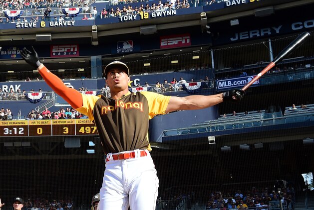 SAN DIEGO, CA - JULY 11:  Giancarlo Stanton of the Miami Marlins competes during the T-Mobile Home Run Derby at PETCO Park on July 11, 2016 in San Diego, California.  (Photo by Harry How/Getty Images)