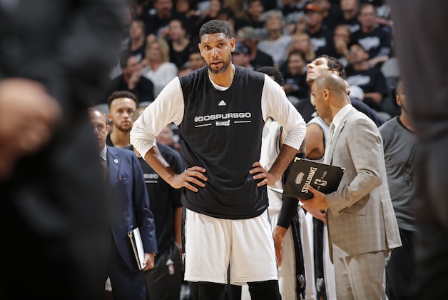 SAN ANTONIO, TX - APRIL 30:  Tim Duncan #21 of the San Antonio Spurs looks on during the game against the Oklahoma City Thunder in Game One of the Western Conference Semifinals during the 2016 NBA Playoffs on April 30, 2016 at the AT&T Center in San Antonio, Texas. NOTE TO USER: User expressly acknowledges and agrees that, by downloading and or using this photograph, user is consenting to the terms and conditions of the Getty Images License Agreement. Mandatory Copyright Notice: Copyright 2016 NBAE (Photos by Chris Covatta/NBAE via Getty Images)