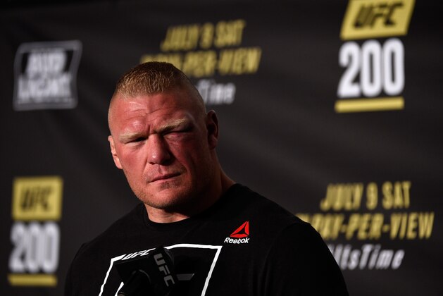 LAS VEGAS, NV - JULY 09:  Brock Lesnar speaks to the media during the UFC 200 post-fight press conference at T-Mobile Arena on July 9, 2016 in Las Vegas, Nevada.  (Photo by Jeff Bottari/Zuffa LLC/Zuffa LLC via Getty Images)