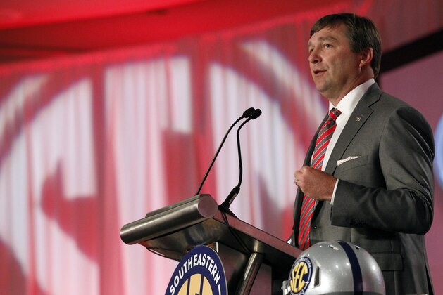 Jul 12, 2016; Hoover, AL, USA; Georgia head coach Kirby Smart speaks to the media during SEC media day at Hyatt Regency Birmingham-The Wynfrey Hotel. Mandatory Credit: Butch Dill-USA TODAY Sports