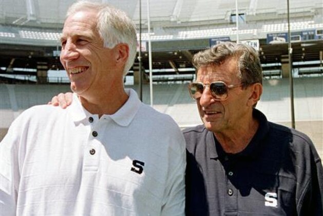 FILE - In this Aug. 6, 1999, file photo, Penn State football coach Joe Paterno, right, poses with his defensive coordinator Jerry Sandusky, during the college football team's media day in State College, Pa.  Newly released court documents provided new details Tuesday, July 12, 2016, on allegations that Paterno was told in 1976 about a sex abuse accusation against  Sandusky, and that some of Paterno’s assistants witnessed improper contact between Sandusky and children in the 1980s. Sandusky, who was arrested in 2011, is serving 30 to 60 years in prison on a 45-count child molestation conviction.  (AP Photo/Paul Vathis, File)