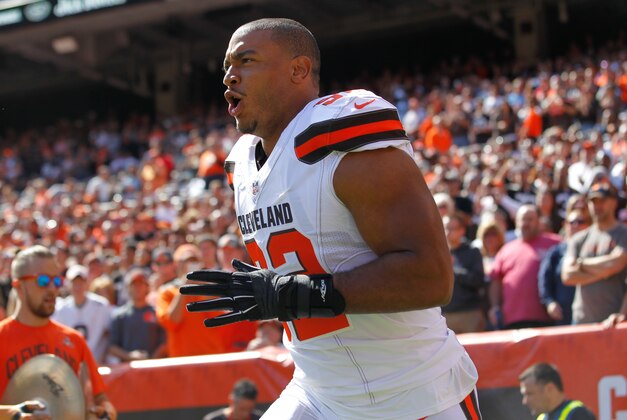 Sep 20, 2015; Cleveland, OH, USA;  Cleveland Browns defensive end Desmond Bryant (92) runs onto the field during player introductions against the Tennessee Titans at FirstEnergy Stadium. Mandatory Credit: Scott R. Galvin-USA TODAY Sports