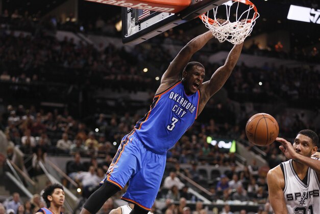 Apr 12, 2016; San Antonio, TX, USA; Oklahoma City Thunder shooting guard Dion Waiters (3) dunks the ball against the San Antonio Spurs during the second half at AT&T Center. Mandatory Credit: Soobum Im-USA TODAY Sports