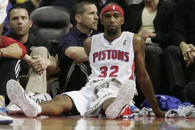 Detroit Pistons' Richard Hamilton (32) sits on the base line in the first half of an NBA basketball game against the Minnesota Timberwolves Wednesday, March 2, 2011, in Auburn Hills, Mich. (AP Photo/Duane Burleson)