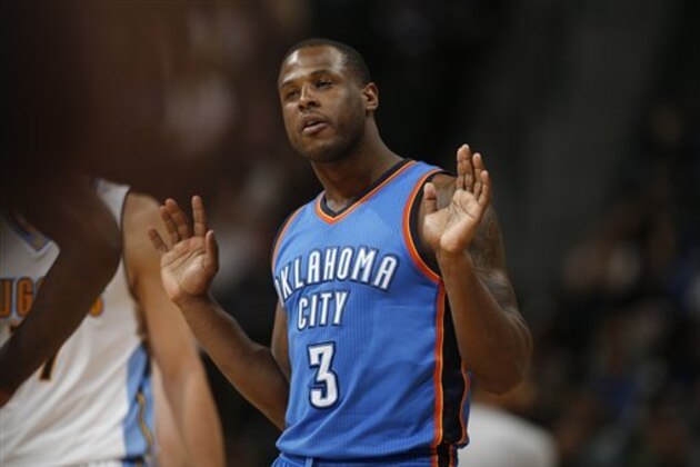 Oklahoma City Thunder guard Dion Waiters (3) in the second half of an NBA basketball game Tuesday, April 5, 2016, in Denver. Oklahoma City won 124-102. (AP Photo/David Zalubowski)