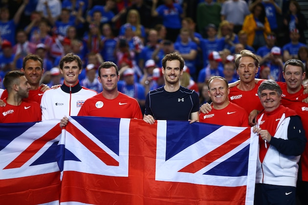 BIRMINGHAM, ENGLAND - MARCH 06: The victorious Great Britain team pose with Union Jack flags following play on day three of the Davis Cup World Group first round tie at the Barclaycard Arena on March 6, 2016 in Birmingham, England. (Photo by Jordan Mansfield/Getty Images for LTA) BIRMINGHAM, ENGLAND - MARCH 06: The victorious Great Britain team pose with Union Jack flags following play on day three of the Davis Cup World Group first round tie at the Barclaycard Arena on March 6, 2016 in Birmingham, England. (Photo by Jordan Mansfield/Getty Images for LTA)