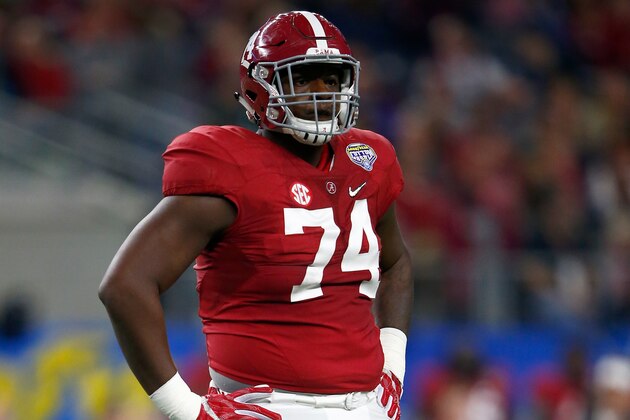 ARLINGTON, TX - DECEMBER 31:  Cam Robinson #74 of the Alabama Crimson Tide looks on against the Michigan State Spartans during the Goodyear Cotton Bowl at AT&T Stadium on December 31, 2015 in Arlington, Texas.  (Photo by Jamie Squire/Getty Images)