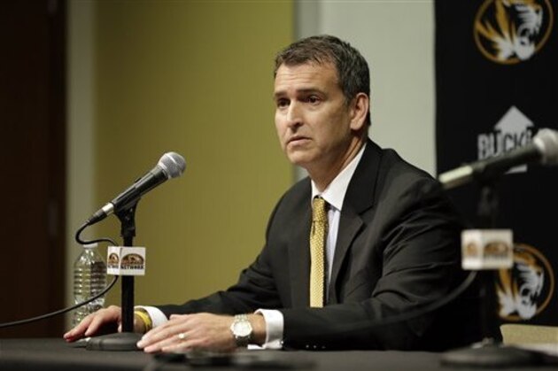 Missouri Athletics Director Mack Rhoades addresses the media Monday, Nov. 9, 2015, in Columbia, Mo. Football will resume at Missouri following the resignation of University of Missouri system president Tim Wolfe after several members of the team, pointing to Wolfe’s inaction in handling of racial tensions at the school, announced over the weekend that they would not play until the president was gone. (AP Photo/Jeff Roberson)