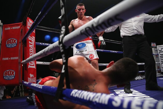 LIVERPOOL, ENGLAND - JUNE 04:  Liam Williams knocks down and stops Alberto Gustavo to win The International Super-Welterweight Contest between Liam Williams and Alberto Gustavo at Echo Arena on June 4, 2016 in Liverpool, England.  (Photo by Alex Livesey/Getty Images)