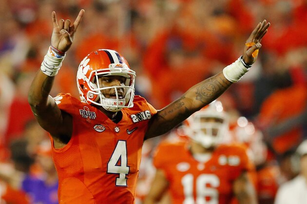 GLENDALE, AZ - JANUARY 11:  Deshaun Watson #4 of the Clemson Tigers reacts against the Alabama Crimson Tide during the 2016 College Football Playoff National Championship Game at University of Phoenix Stadium on January 11, 2016 in Glendale, Arizona.  (Photo by Kevin C. Cox/Getty Images)
