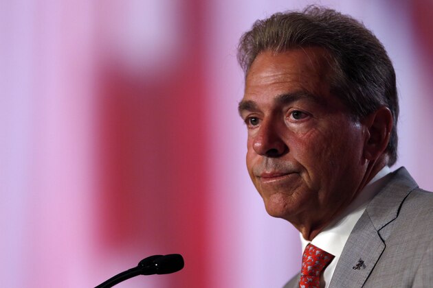 Jul 13, 2016; Hoover, AL, USA; Alabama head coach Nick Saban speaks to the media during SEC media day at Hyatt Regency Birmingham-The Wynfrey Hotel. Mandatory Credit: Butch Dill-USA TODAY Sports