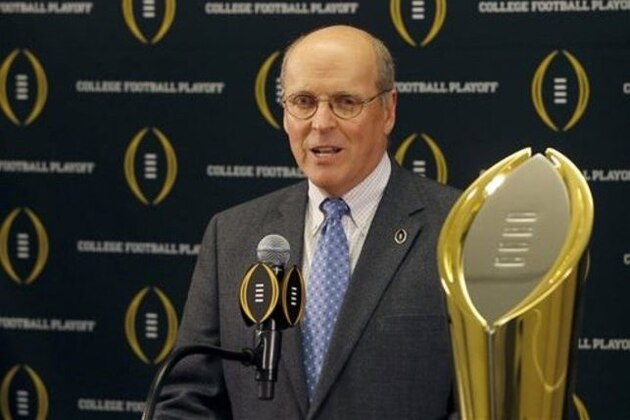 FILE - This is a Nov. 4, 2015, file photo showing College Football Playoff executive director Bill Hancock speaks during a press conference, in Rosemont, Ill. Hancock said Tuesday, March 22, 2016, that it's still