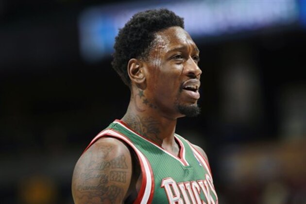 Milwaukee Bucks center Larry Sanders looks on against the Denver Nuggets in the first quarter of an NBA basketball game in Denver on Wednesday, Feb. 5, 2014. (AP Photo/David Zalubowski)