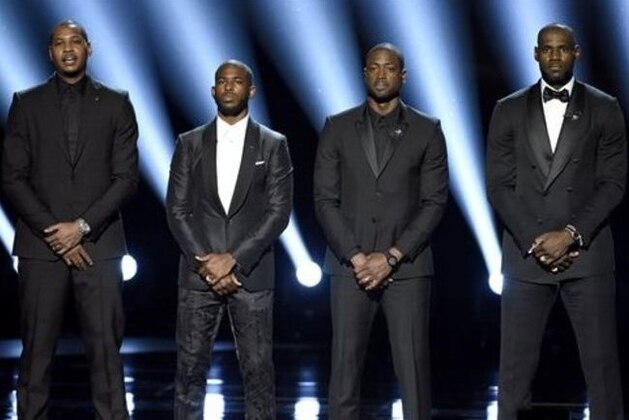 NBA basketball players Carmelo Anthony, from left, Chris Paul, Dwyane Wade and LeBron James speak on stage at the ESPY Awards at the Microsoft Theater on Wednesday, July 13, 2016, in Los Angeles. (Photo by Chris Pizzello/Invision/AP)